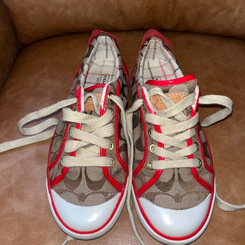 Coach Lace-Up Sneakers in Brown and Red